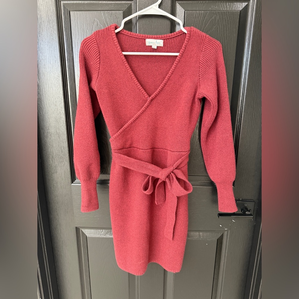 Grace & Lace Ribbed Knit Sweater in Deep Red